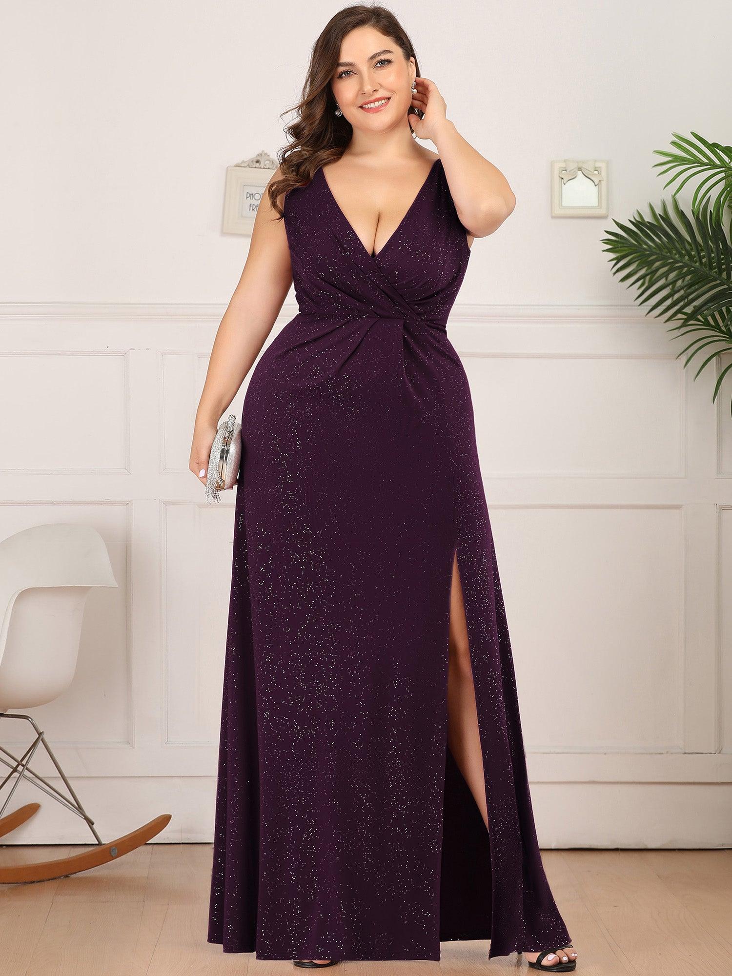Robe de Cérémonie Empire Grande Taille à Col en V avec Fente Latérale #Couleur_Bleu Marine Robe de soirée Empire Grande Taille à Col en V avec Fente Latérale