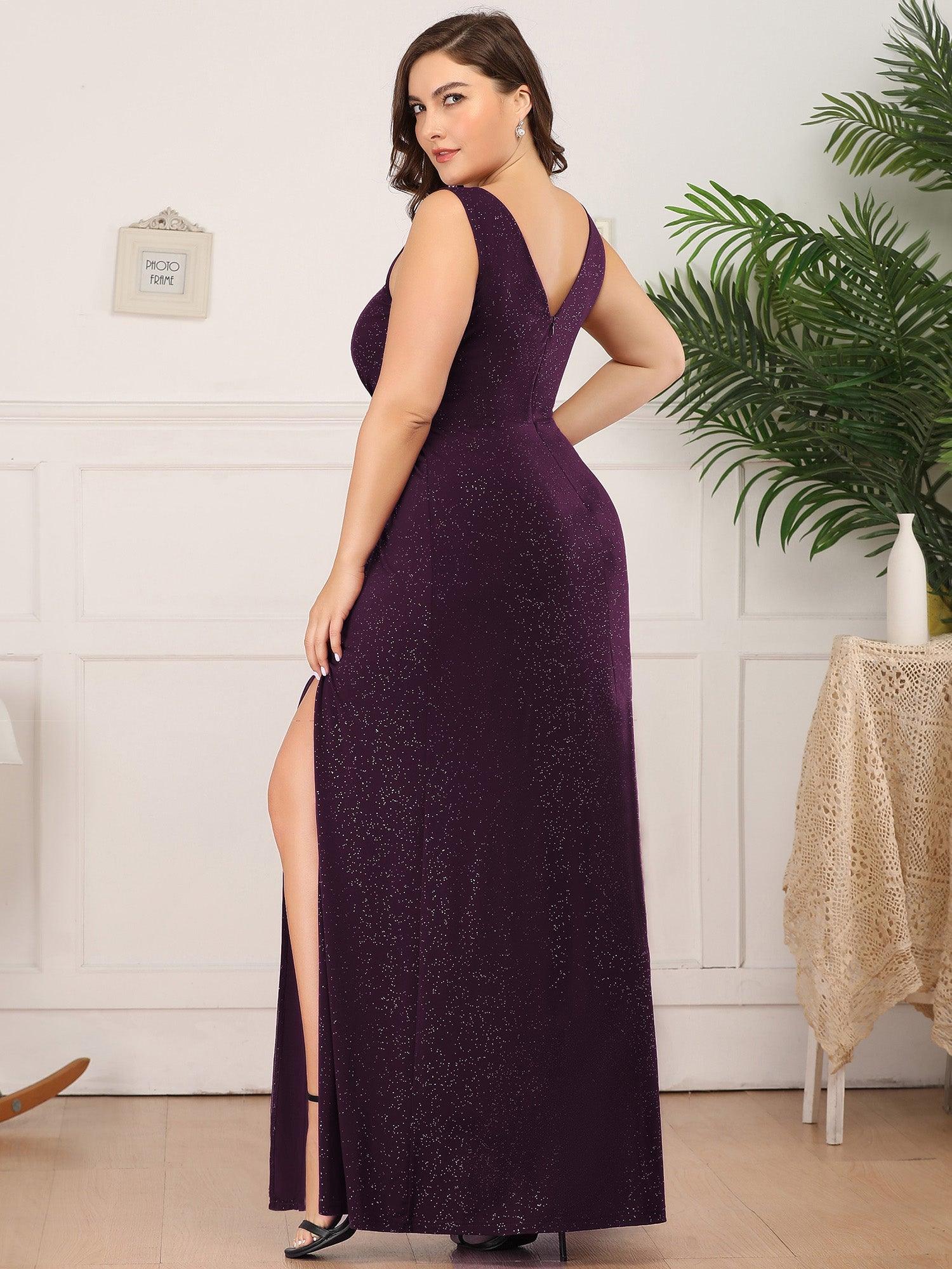 Robe de Cérémonie Empire Grande Taille à Col en V avec Fente Latérale #Couleur_Bleu Marine Robe de soirée Empire Grande Taille à Col en V avec Fente Latérale