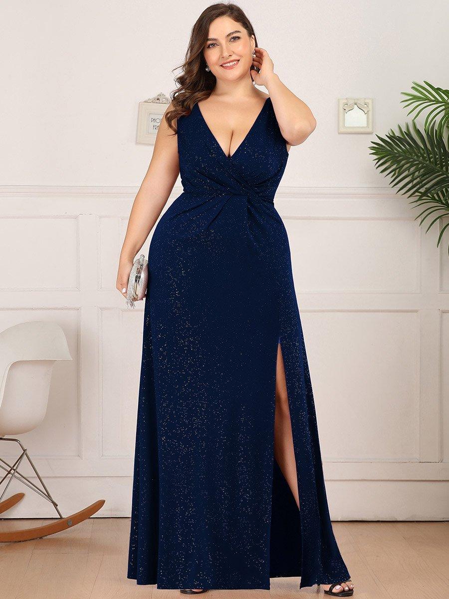 Robe de Cérémonie Empire Grande Taille à Col en V avec Fente Latérale #Couleur_Bleu Marine Robe de soirée Empire Grande Taille à Col en V avec Fente Latérale