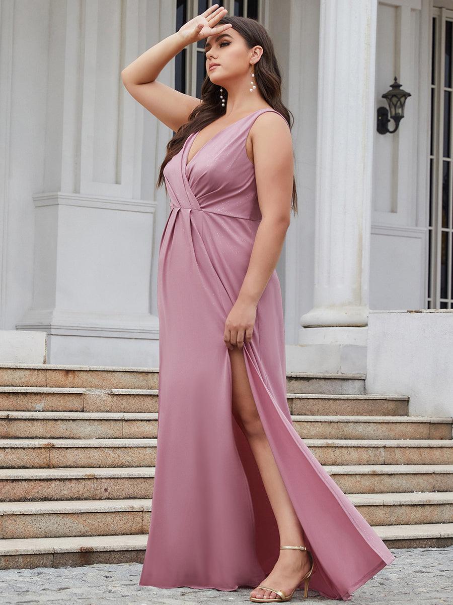 Robe de Cérémonie Empire Grande Taille à Col en V avec Fente Latérale #Couleur_Bleu Marine Robe de soirée Empire Grande Taille à Col en V avec Fente Latérale