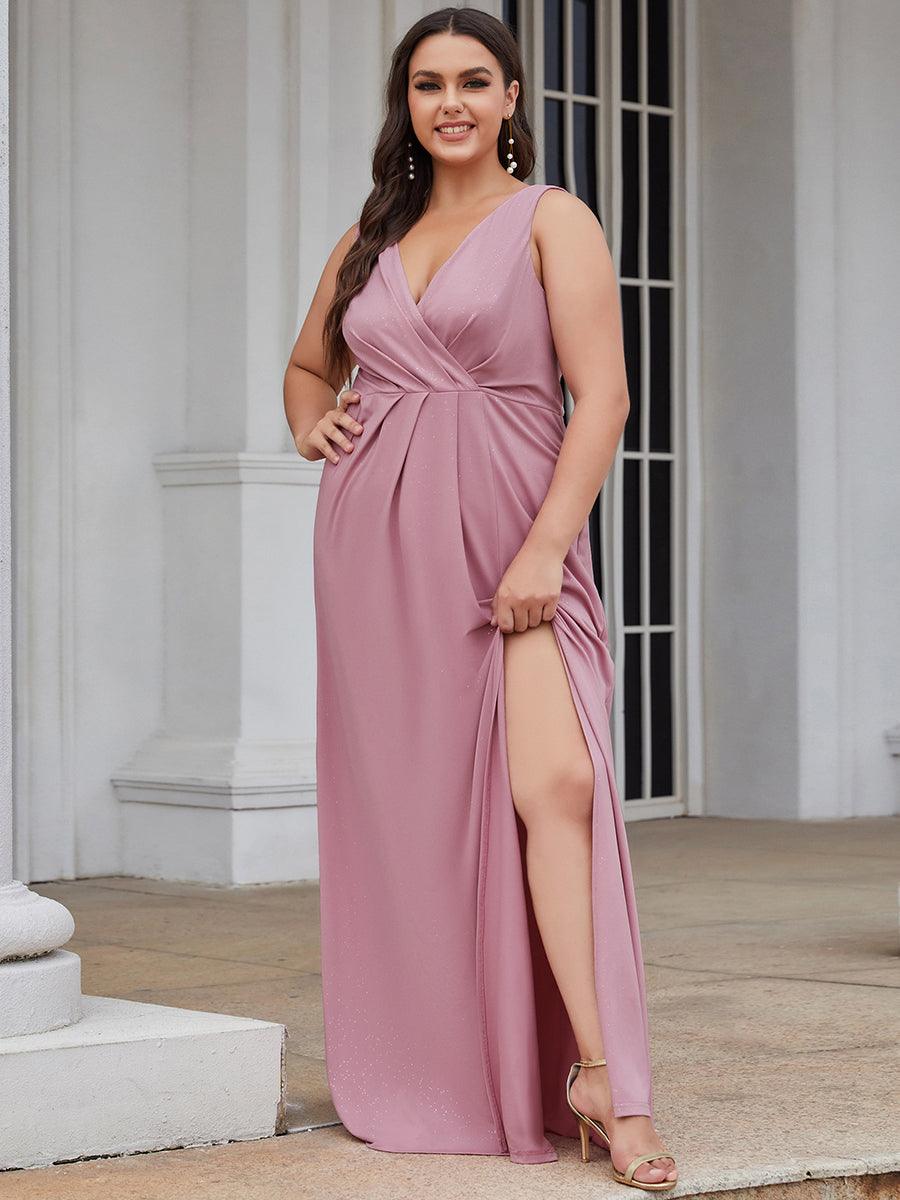 Robe de Cérémonie Empire Grande Taille à Col en V avec Fente Latérale #Couleur_Bleu Marine Robe de soirée Empire Grande Taille à Col en V avec Fente Latérale