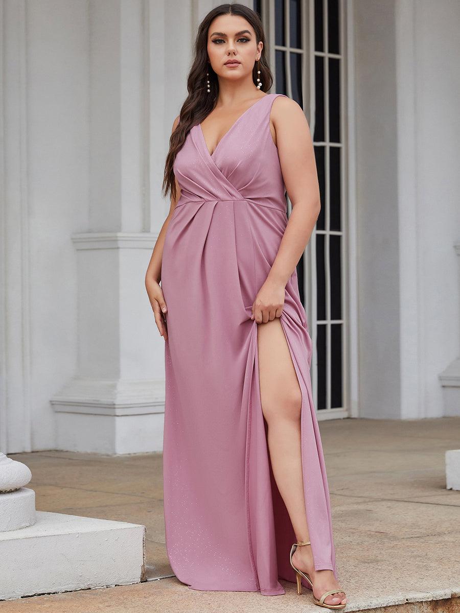 Robe de Cérémonie Empire Grande Taille à Col en V avec Fente Latérale #Couleur_Bleu Marine Robe de soirée Empire Grande Taille à Col en V avec Fente Latérale