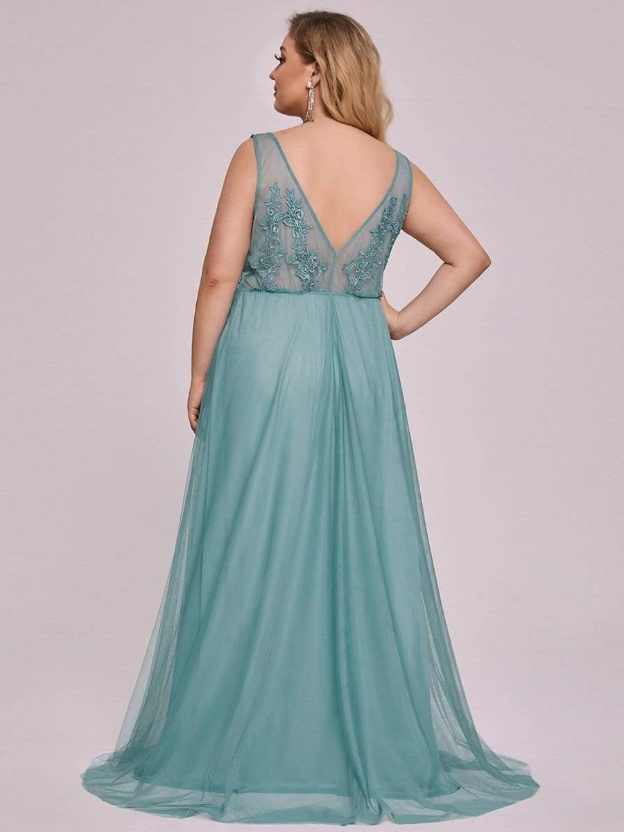 Robe de soirée en tulle fluide sans manches avec appliques élégantes de grande taille #Couleur_Bleu Fume