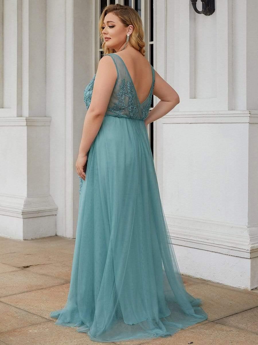 Robe de soirée en tulle fluide sans manches avec appliques élégantes de grande taille #Couleur_Bleu Fume