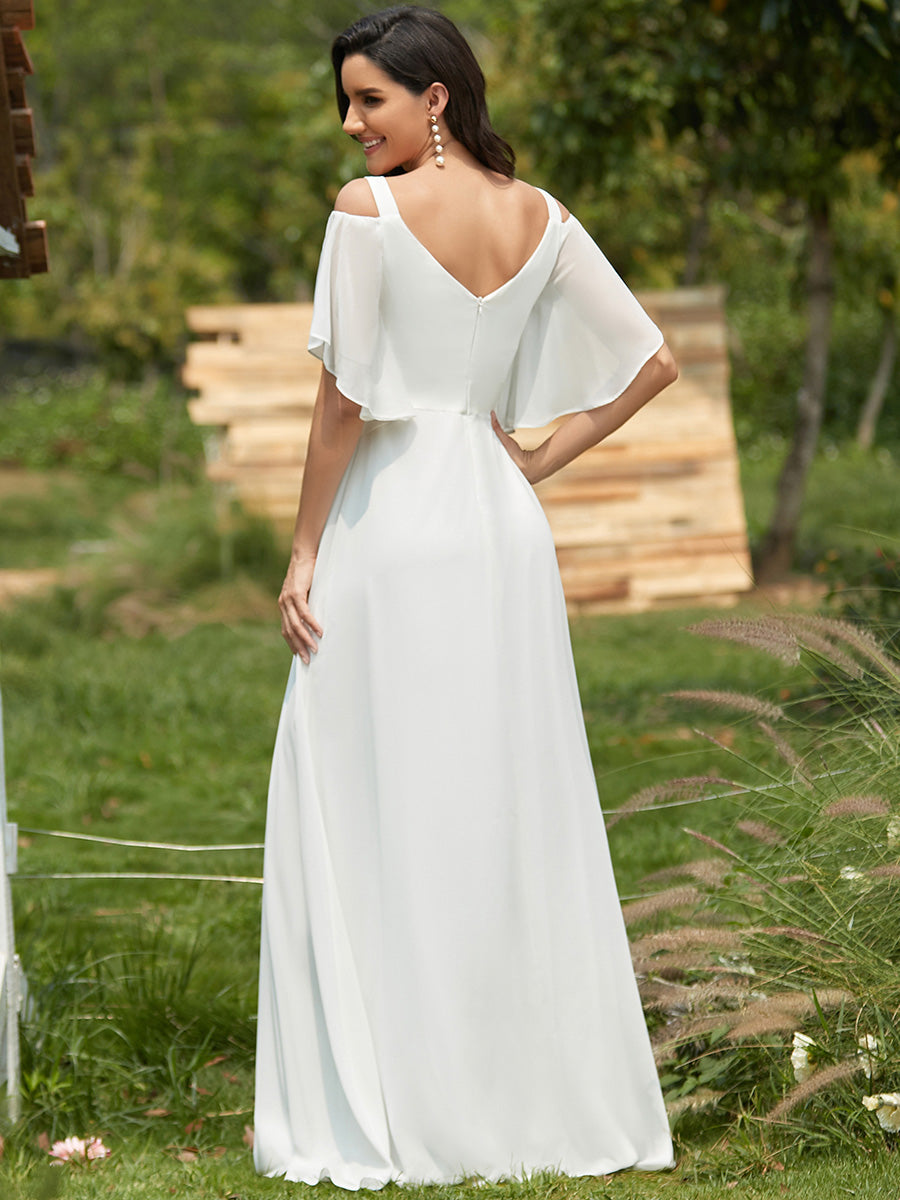 Color=Creme | Robe De Demoiselle D'Honneur à Manches Volantées Et épaules Dénudées-Creme 1 Color=Creme | Robe De Demoiselle D'Honneur à Manches Volantées Et épaules Dénudées-Creme 2