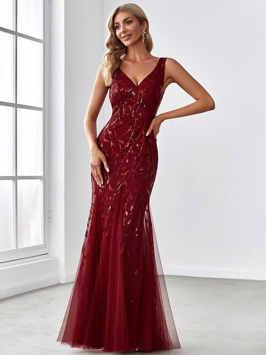 Robe de soirée Sexy Longue belle à double col en V pour femmes #Couleur_Bordeaux