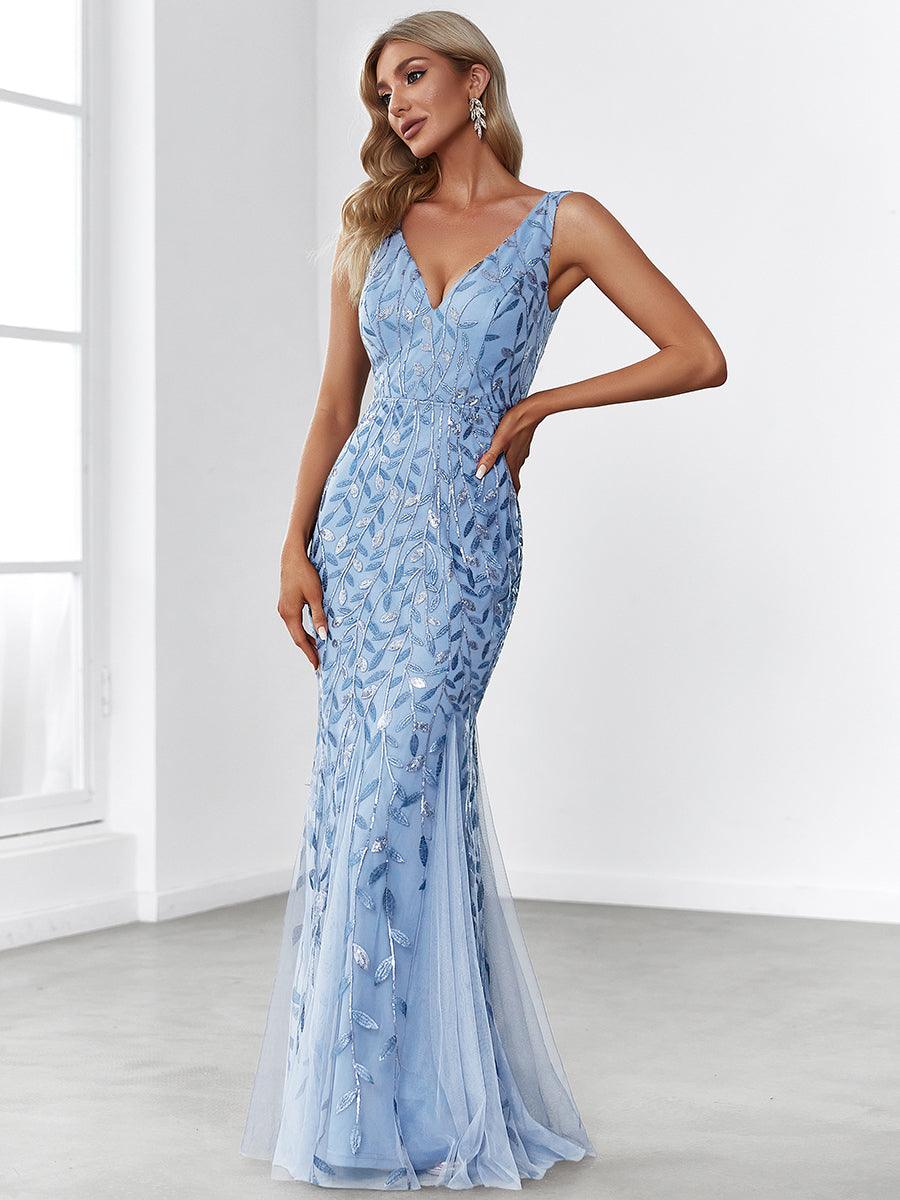 Robe de soirée Sexy Longue belle à double col en V pour femmes #Couleur_Bleu Ciel