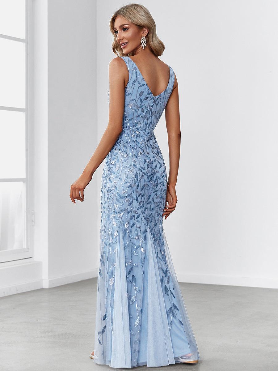 Robe de soirée Sexy Longue belle à double col en V pour femmes #Couleur_Bleu Ciel