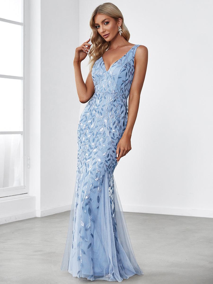 Robe de soirée Sexy Longue belle à double col en V pour femmes #Couleur_Bleu Ciel