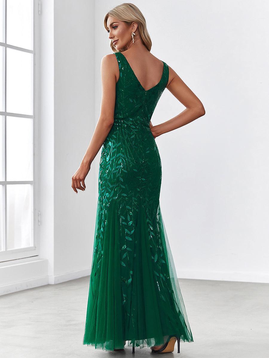 Robe de soirée Longue Sexy en sequins col en V pour femmes #Couleur_Vert Fonce