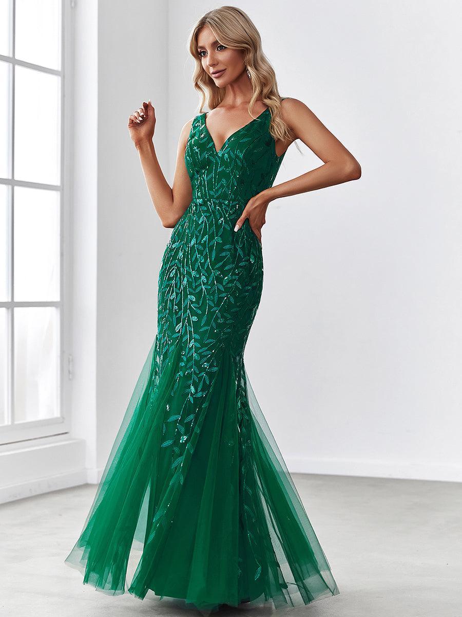 Taille personnalisée Robe de soirée Longue Sexy en sequins col en V pour femmes #Couleur_Blanc Taille personnalisée Robe de soirée Longue Sexy en sequins col en V pour femmes