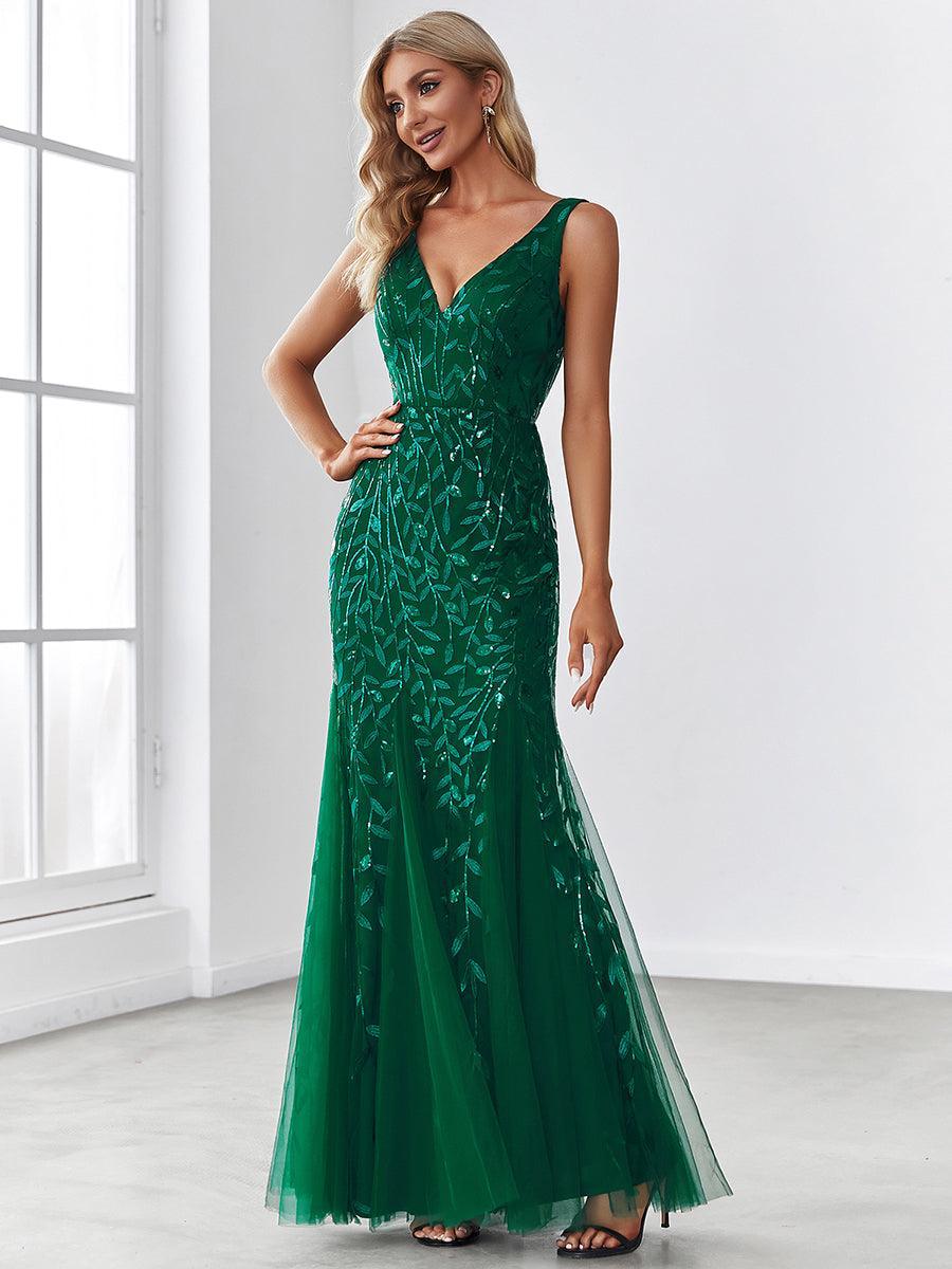 Robe de soirée Longue Sexy en sequins col en V pour femmes #Couleur_Vert Fonce
