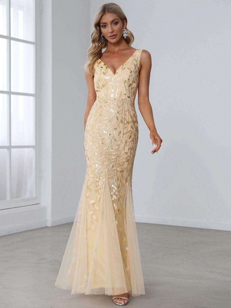 Taille personnalisée Robe de soirée Longue Sexy en sequins col en V pour femmes #Couleur_Blanc Taille personnalisée Robe de soirée Longue Sexy en sequins col en V pour femmes