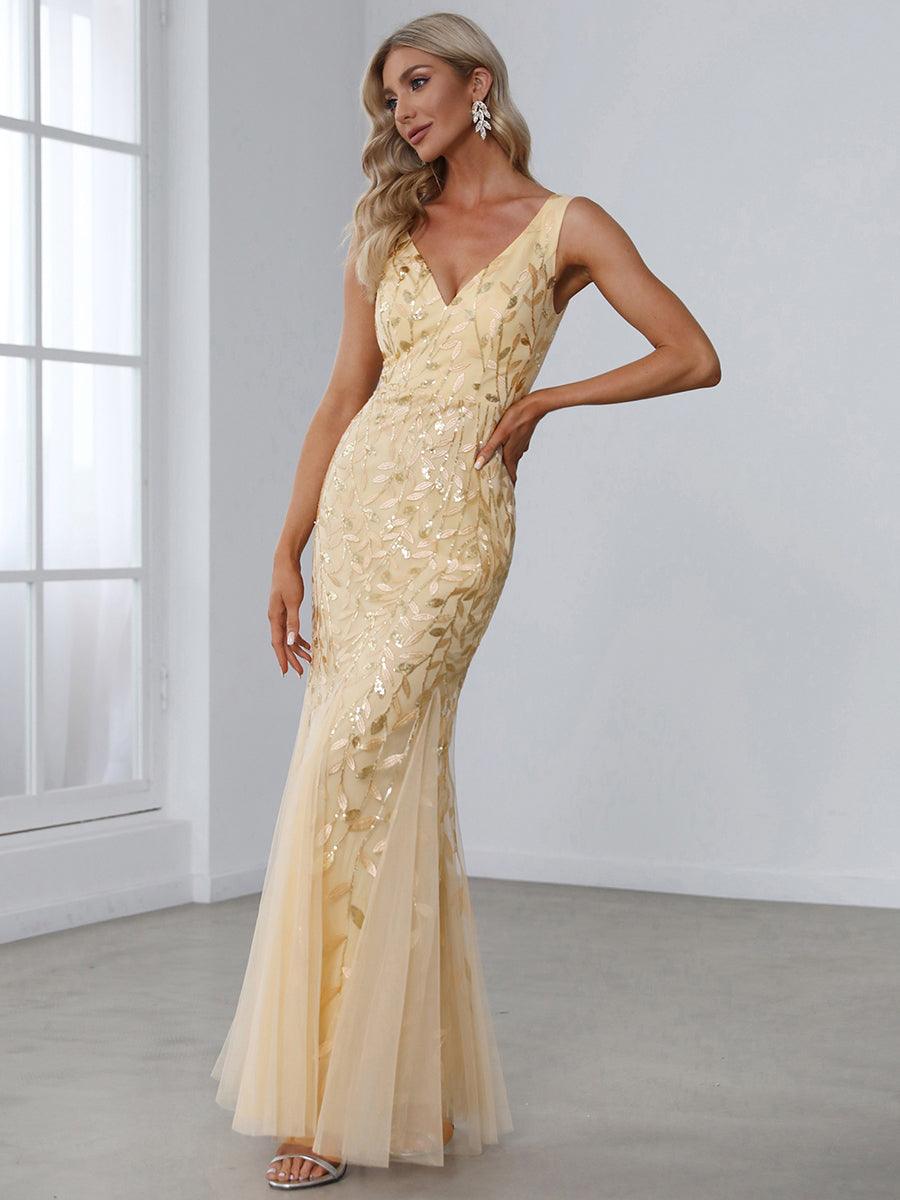 Taille personnalisée Robe de soirée Longue Sexy en sequins col en V pour femmes #Couleur_Blanc Taille personnalisée Robe de soirée Longue Sexy en sequins col en V pour femmes