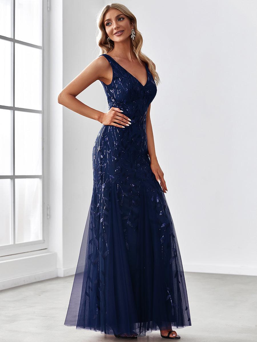 Robe de soirée Sexy Longue belle à double col en V pour femmes #Couleur_Bleu Marine
