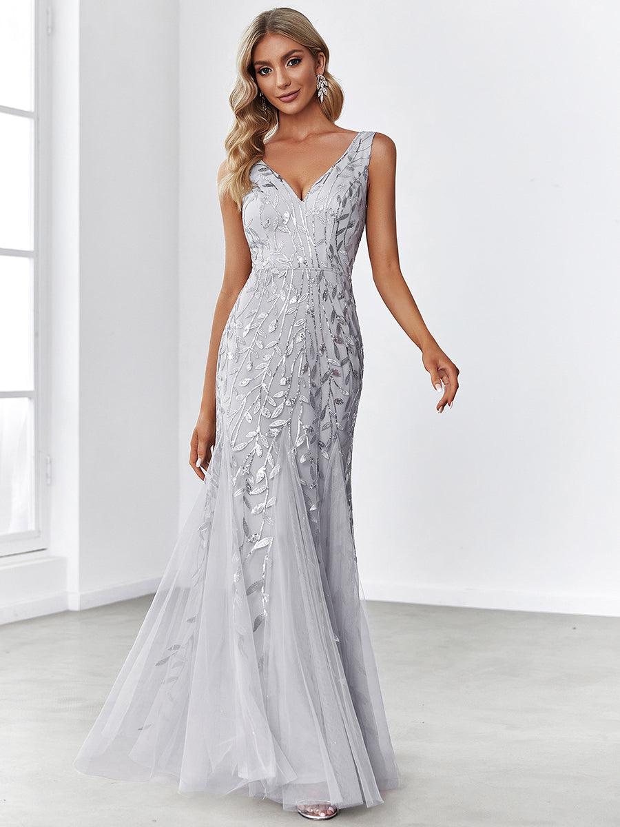 Taille personnalisée Robe de soirée Longue Sexy en sequins col en V pour femmes #Couleur_Blanc Taille personnalisée Robe de soirée Longue Sexy en sequins col en V pour femmes