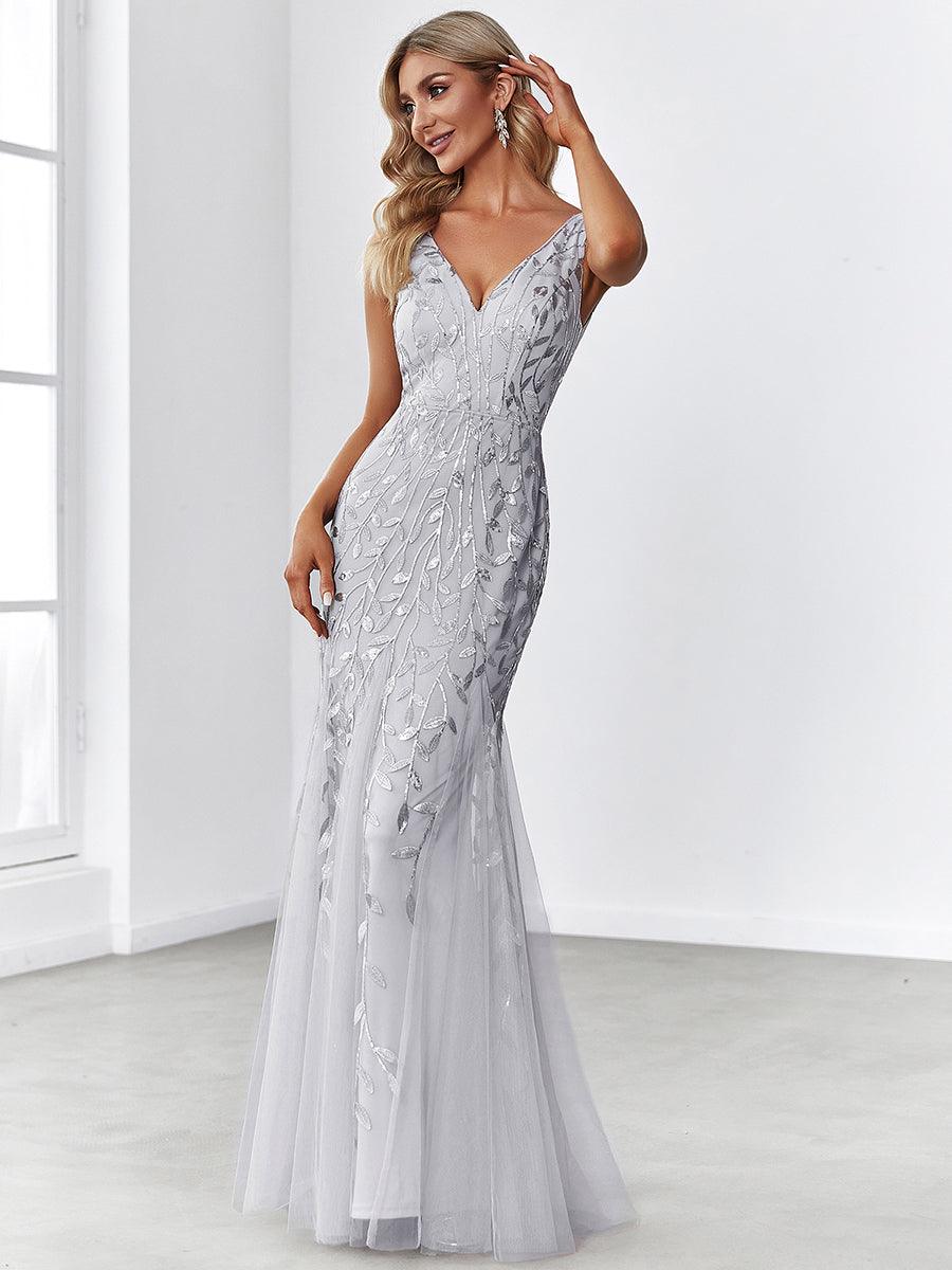 Taille personnalisée Robe de soirée Longue Sexy en sequins col en V pour femmes #Couleur_Blanc Taille personnalisée Robe de soirée Longue Sexy en sequins col en V pour femmes