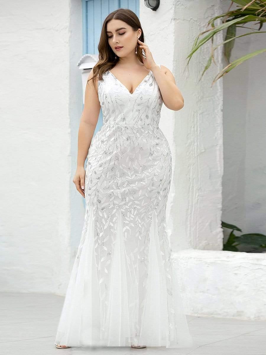 Taille personnalisée Robe de soirée Longue Sexy en sequins col en V pour femmes #Couleur_Blanc Taille personnalisée Robe de soirée Longue Sexy en sequins col en V pour femmes