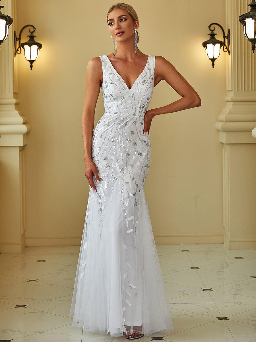 Taille personnalisée Robe de soirée Longue Sexy en sequins col en V pour femmes #Couleur_Blanc Taille personnalisée Robe de soirée Longue Sexy en sequins col en V pour femmes