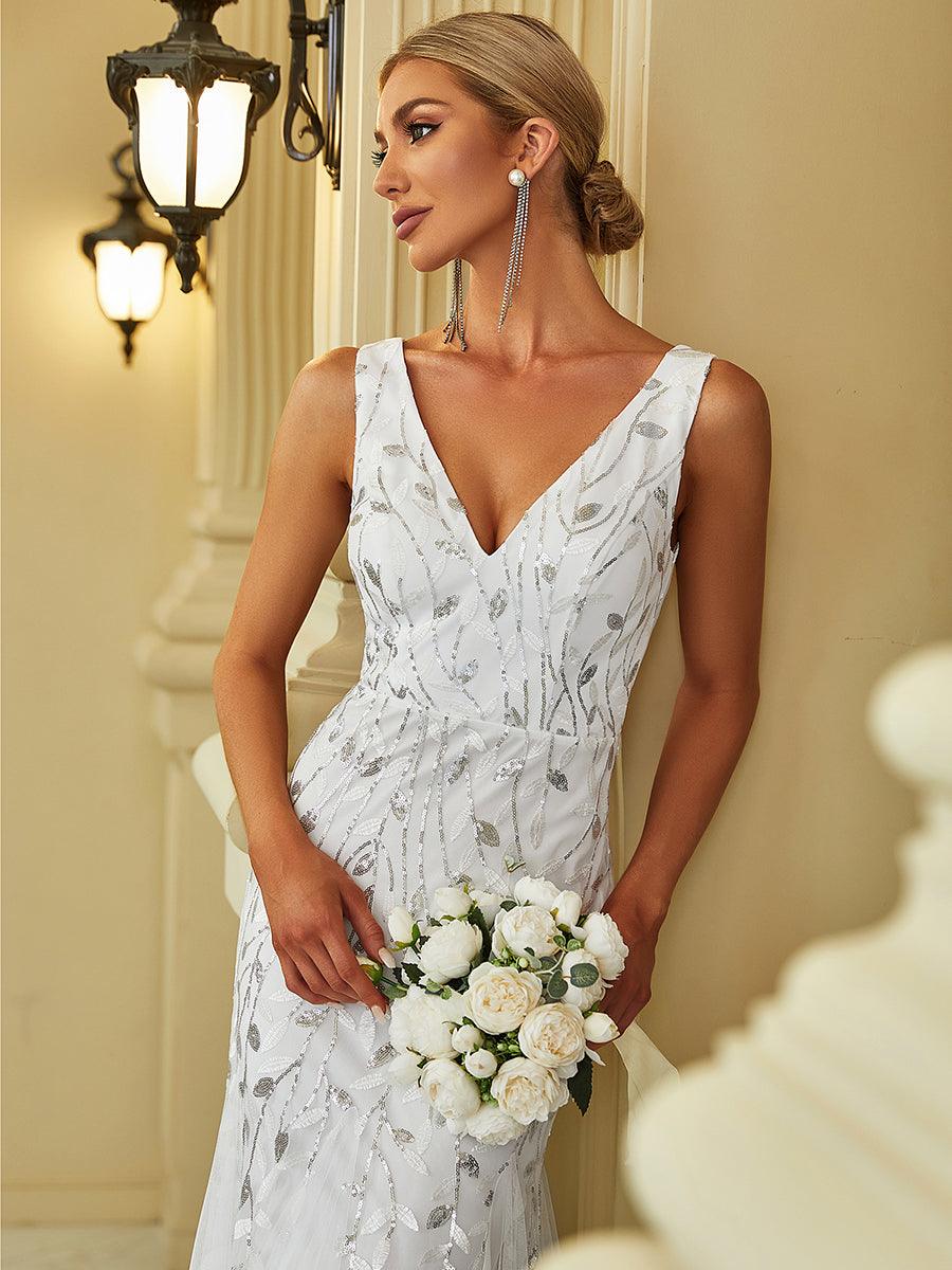 Taille personnalisée Robe de soirée Longue Sexy en sequins col en V pour femmes #Couleur_Blanc Taille personnalisée Robe de soirée Longue Sexy en sequins col en V pour femmes