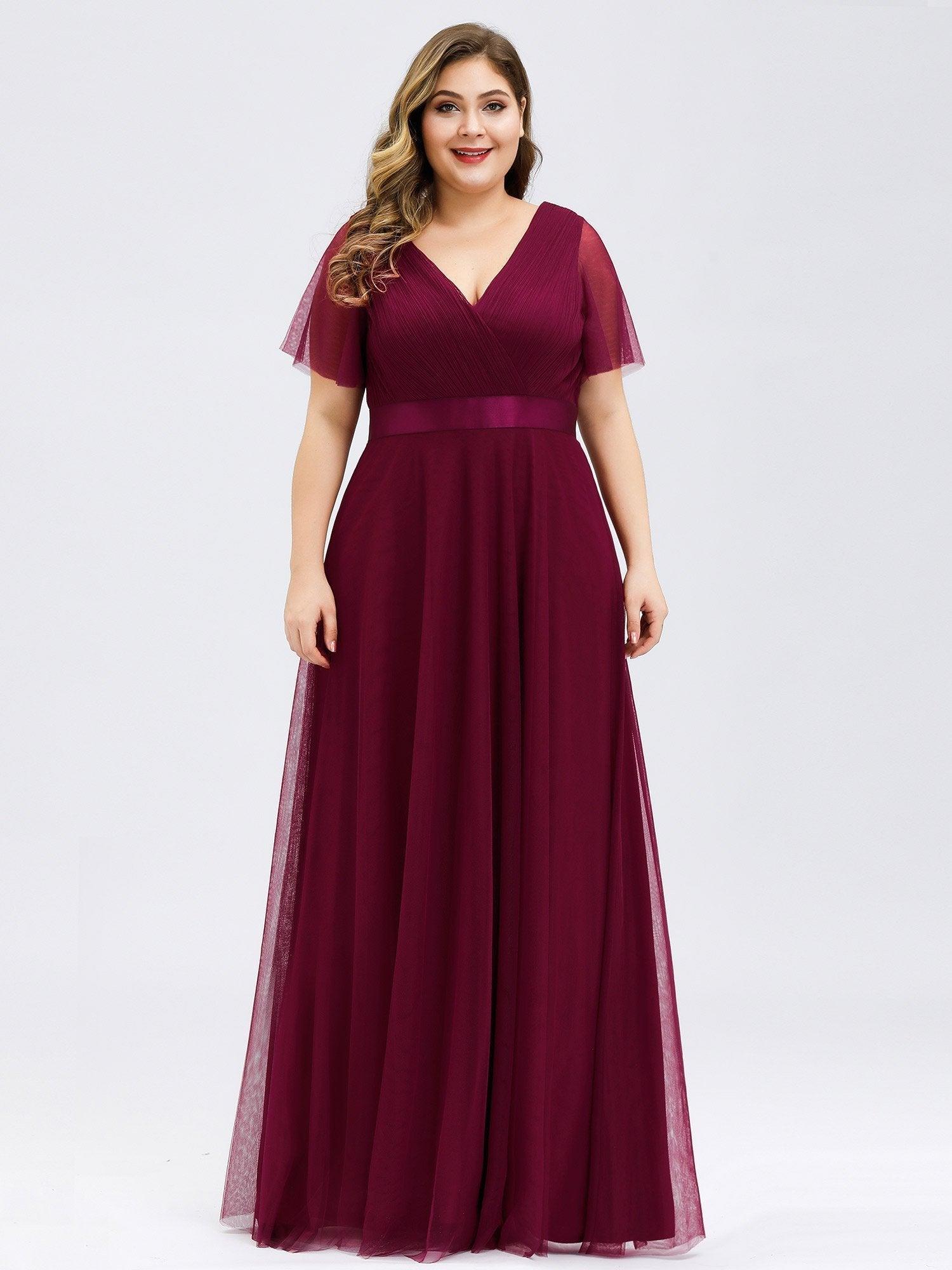 Robe Demoiselle D'Honneur Longue à Col V Et Manches Courtes Pour Femmes #Couleur_Bordeaux