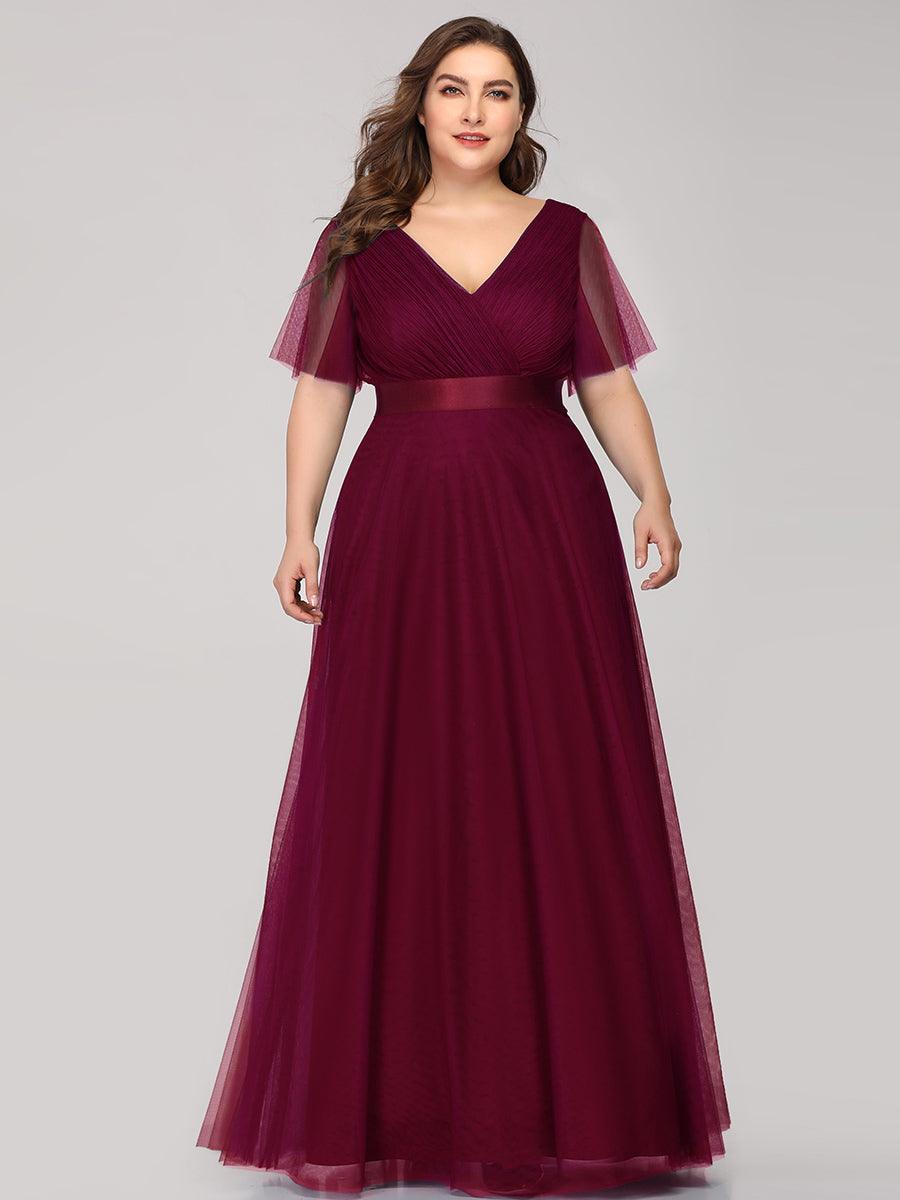 Robe de demoiselle d'honneur grande taille pour femmes avec manches courtes #Couleur_Bordeaux