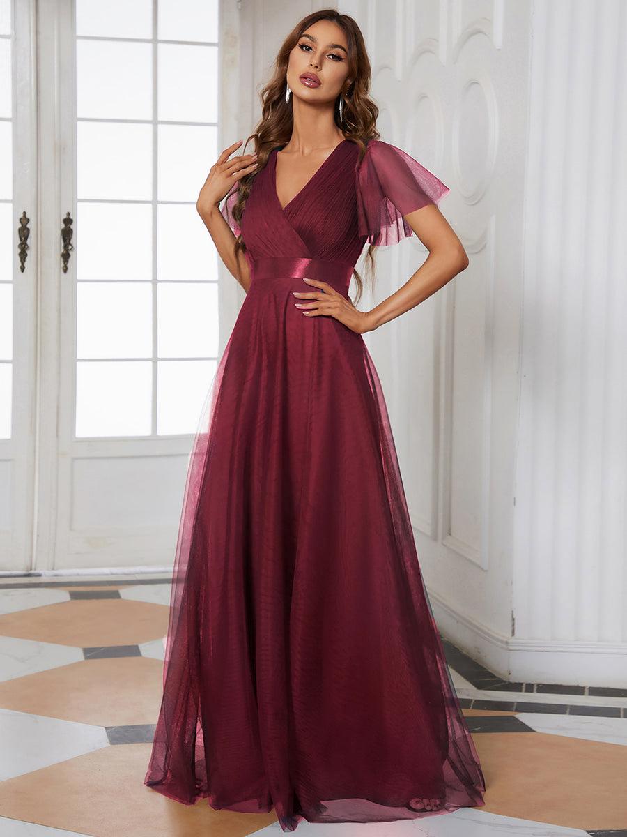 Robe Demoiselle D'Honneur Longue à Col V Et Manches Courtes Pour Femmes #Couleur_Rose Taille personnalisée Robe de demoiselle d'honneur à manches courtes pour femme
