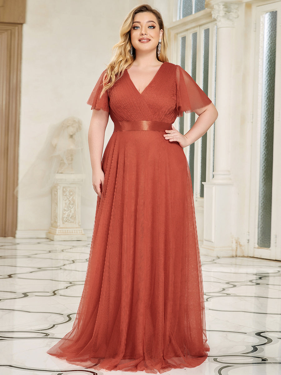 Robe Demoiselle D'Honneur Longue à Col V Et Manches Courtes Pour Femmes #Couleur_Burnt orange