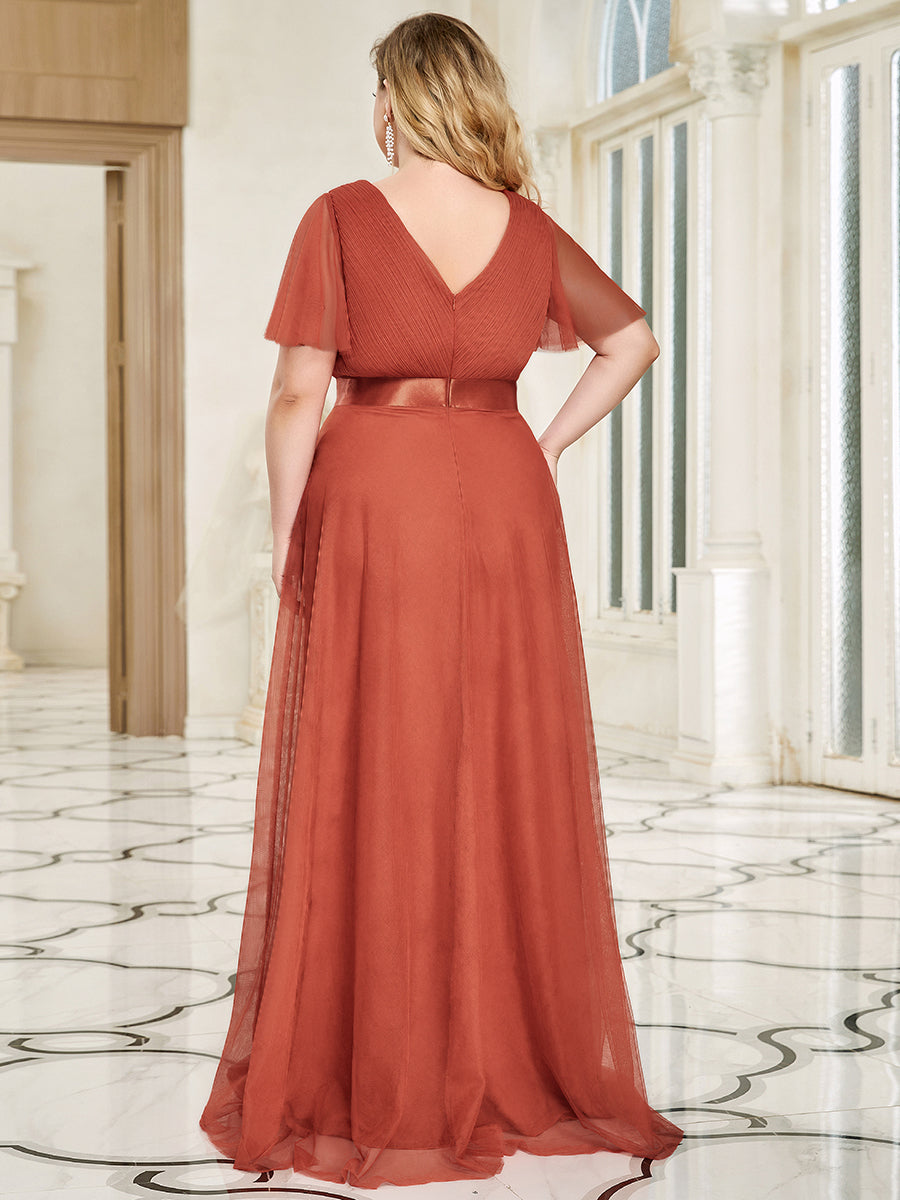Robe Demoiselle D'Honneur Longue à Col V Et Manches Courtes Pour Femmes #Couleur_Burnt orange