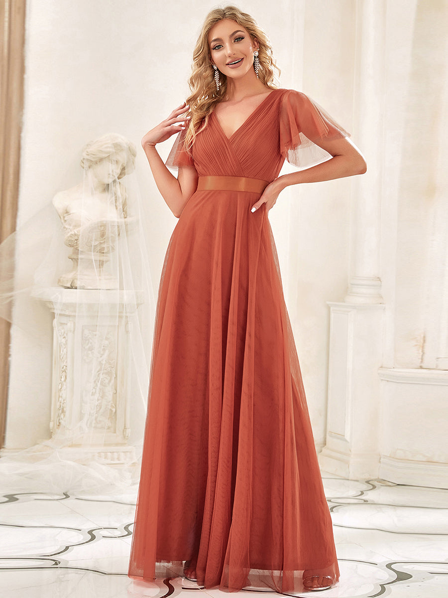Robe Demoiselle D'Honneur Longue à Col V Et Manches Courtes Pour Femmes #Couleur_Burnt orange