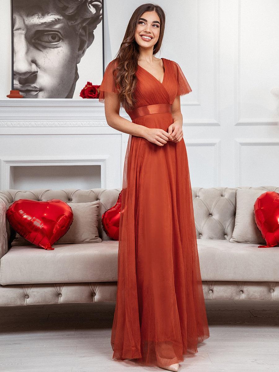 Robe Demoiselle D'Honneur Longue à Col V Et Manches Courtes Pour Femmes #Couleur_Burnt orange