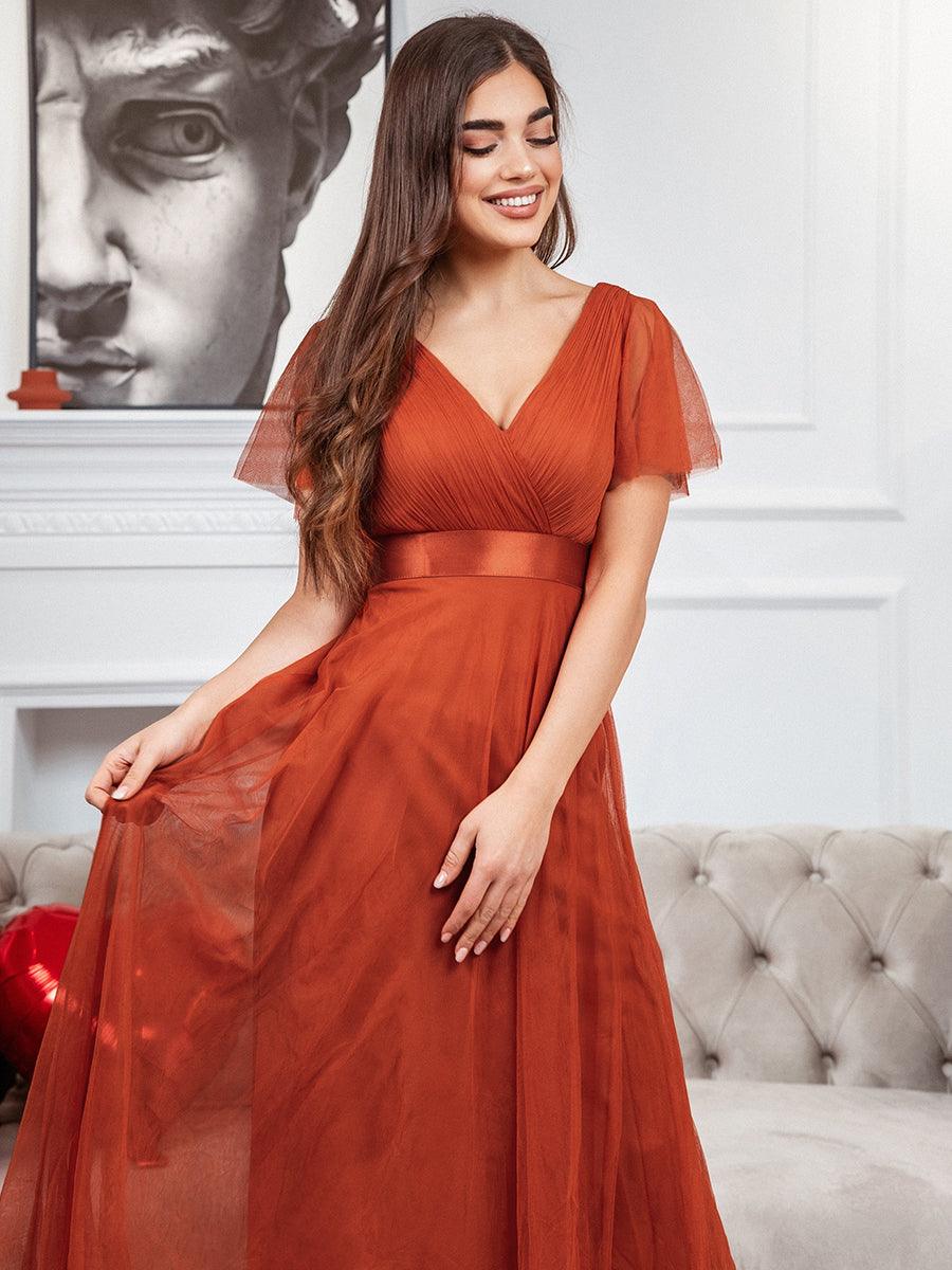 Robe Demoiselle D'Honneur Longue à Col V Et Manches Courtes Pour Femmes #Couleur_Burnt orange