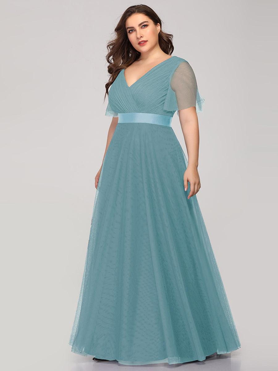 Robe de demoiselle d'honneur grande taille pour femmes avec manches courtes #Couleur_Bleu Fume