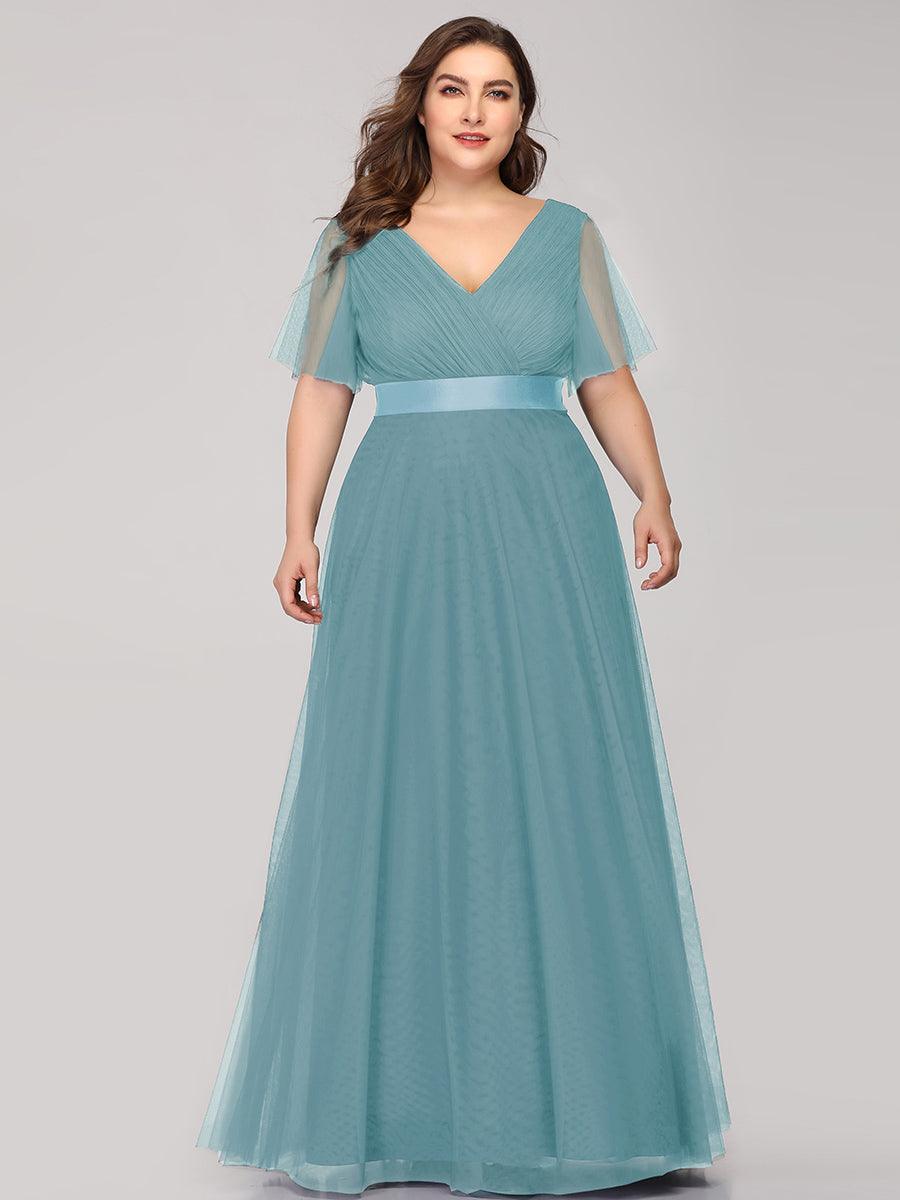 Robe de demoiselle d'honneur grande taille pour femmes avec manches courtes #Couleur_Bleu Fume