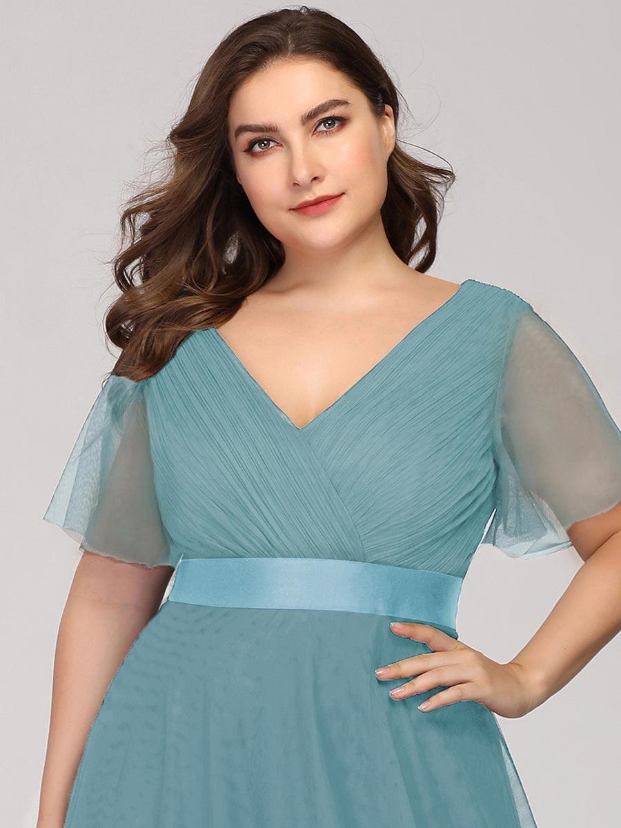 Robe de demoiselle d'honneur grande taille pour femmes avec manches courtes #Couleur_Bleu Fume
