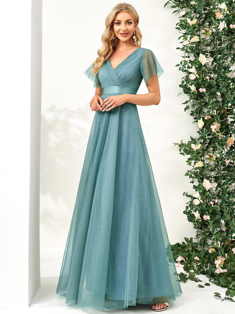 Robe Demoiselle D'Honneur Longue à Col V Et Manches Courtes Pour Femmes #Couleur_Bleu Fume