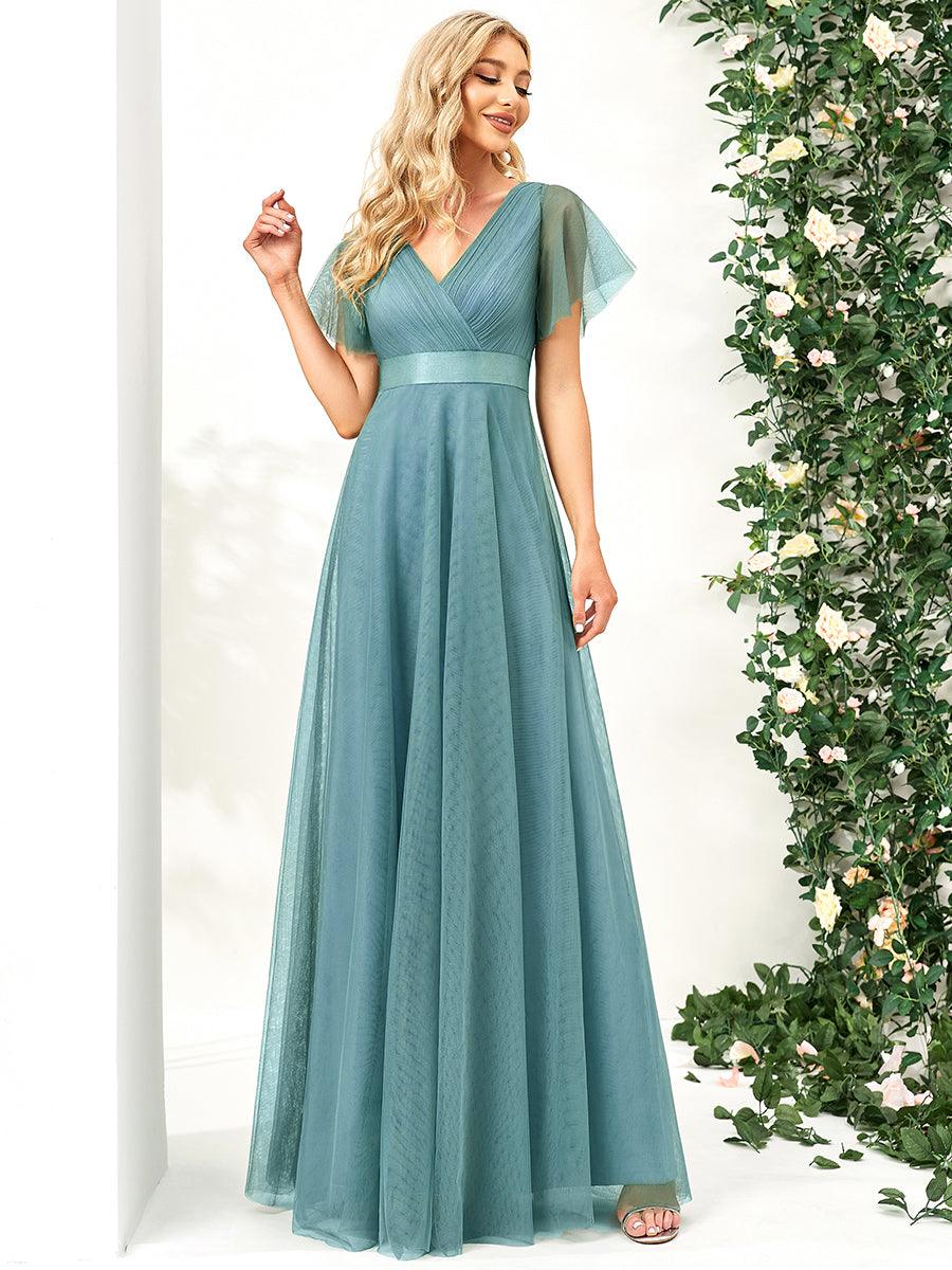 Robe Demoiselle D'Honneur Longue à Col V Et Manches Courtes Pour Femmes #Couleur_Bleu Fume