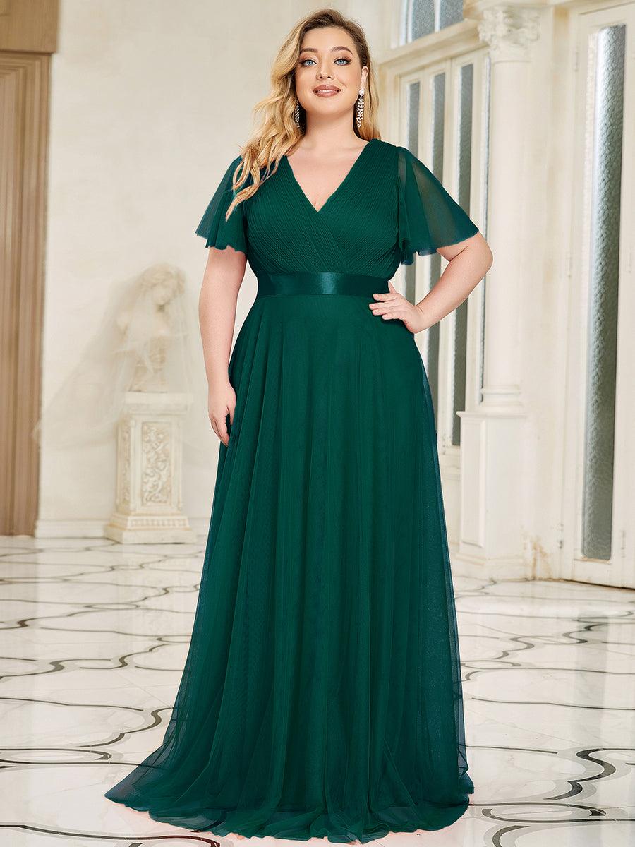 Robe de Soirée à manches courtes et à double col V pour femmes #Couleur_Vert Fonce
