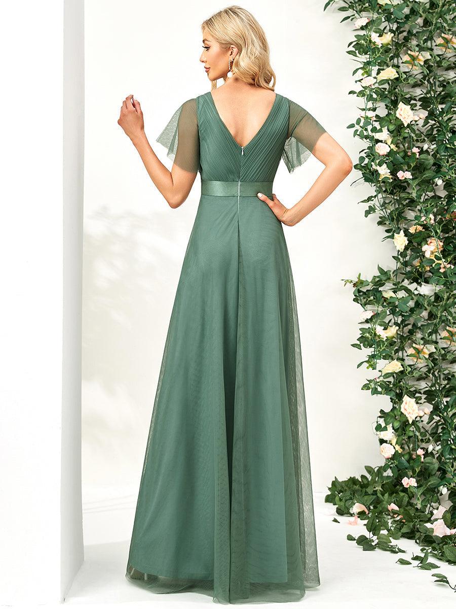 Robe mariage invitée à manches courtes et à double col V pour femmes #Couleur_Haricot Vert