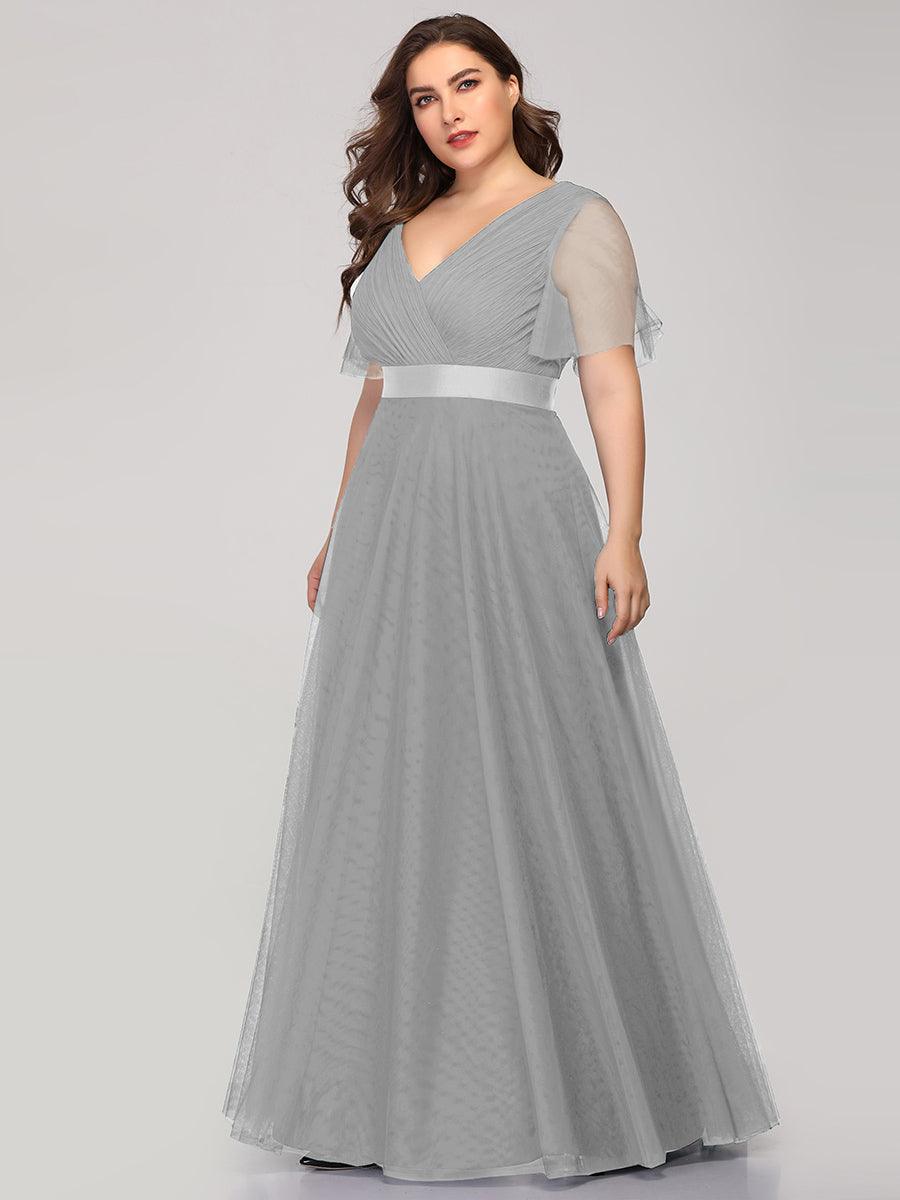 Robe de demoiselle d'honneur grande taille pour femmes avec manches courtes #Couleur_Gris