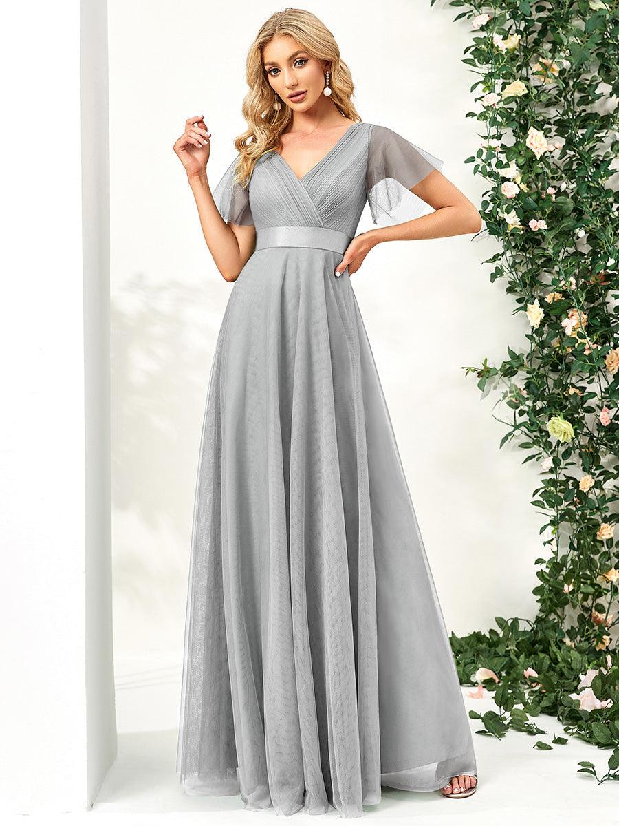 Robe Demoiselle D'Honneur Longue à Col V Et Manches Courtes Pour Femmes #Couleur_Rose Taille personnalisée Robe de demoiselle d'honneur à manches courtes pour femme