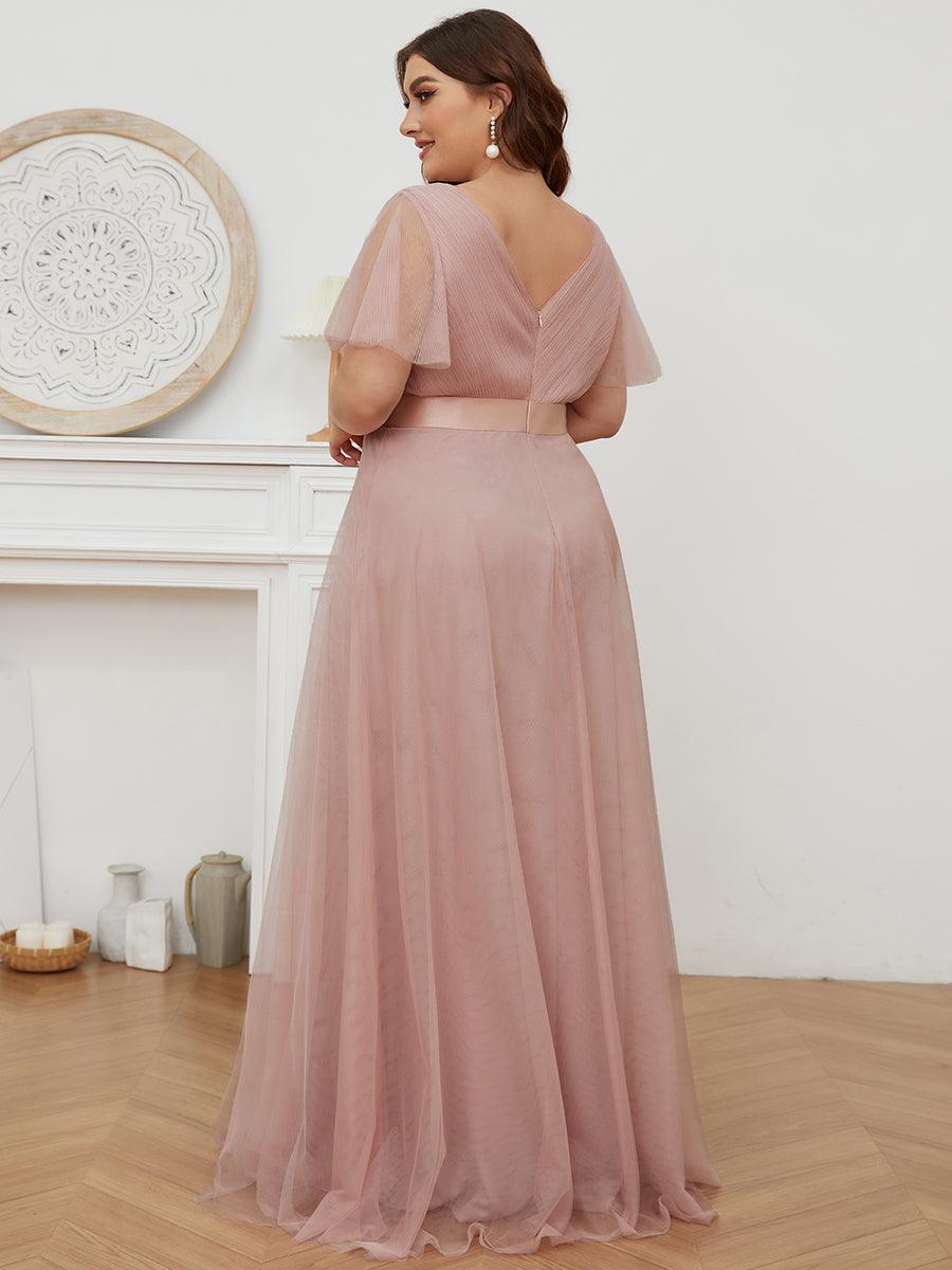 Robe de demoiselle d'honneur grande taille pour femmes avec manches courtes #Couleur_Rose