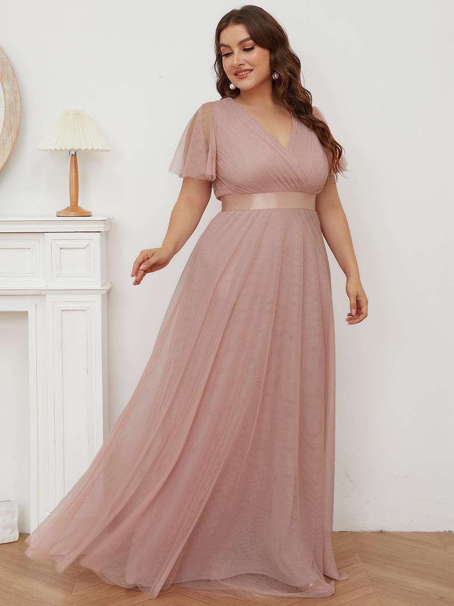 Robe de Soirée à manches courtes et à double col V pour femmes #Couleur_Rose