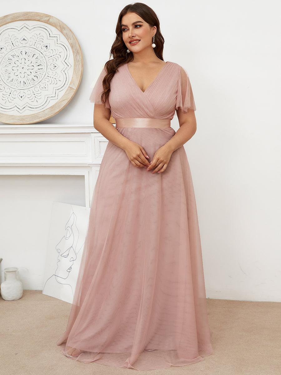 Robe de demoiselle d'honneur grande taille pour femmes avec manches courtes #Couleur_Rose