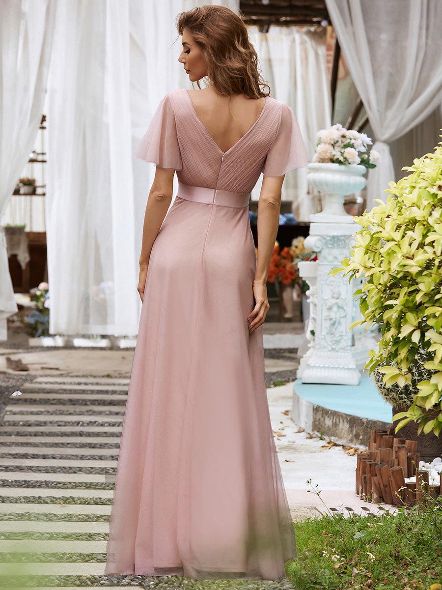 Robe Demoiselle D'Honneur Longue à Col V Et Manches Courtes Pour Femmes #Couleur_Rose Taille personnalisée Robe de demoiselle d'honneur à manches courtes pour femme