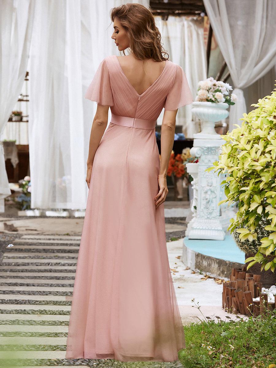 Robe mariage invitée à manches courtes et à double col V pour femmes #Couleur_Rose