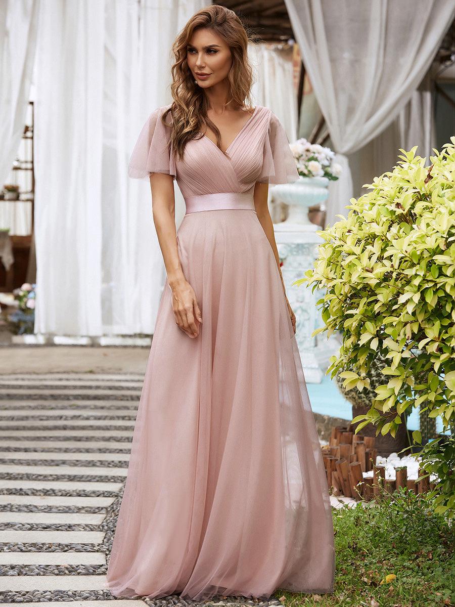 Robe Demoiselle D'Honneur Longue à Col V Et Manches Courtes Pour Femmes #Couleur_Rose Taille personnalisée Robe de demoiselle d'honneur à manches courtes pour femme