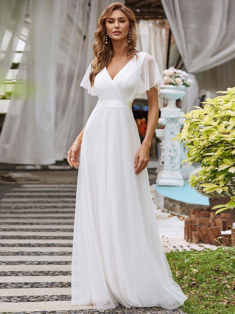 Robe de Soirée à manches courtes et à double col V pour femmes #Couleur_Blanc