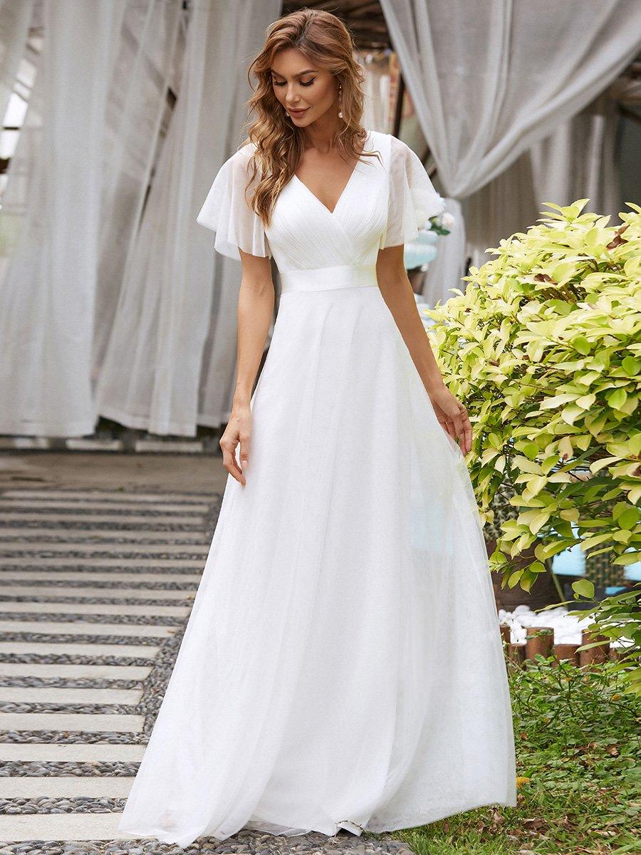 Robe de Soirée à manches courtes et à double col V pour femmes #Couleur_Blanc