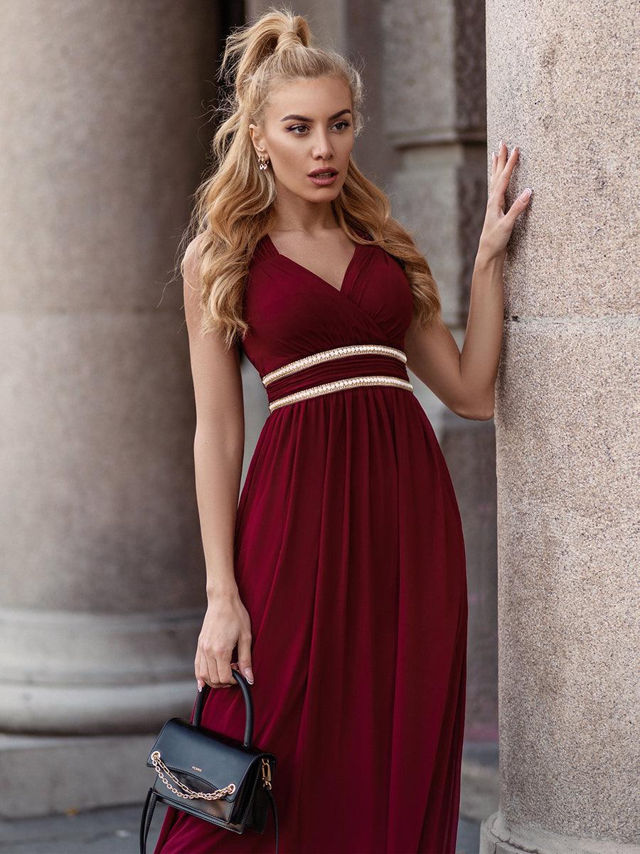 Robe longue de demoiselle d'honneur froncée à col en V #Couleur_Burnt Orange Taille personnalisée Robe longue de demoiselle d'honneur froncée